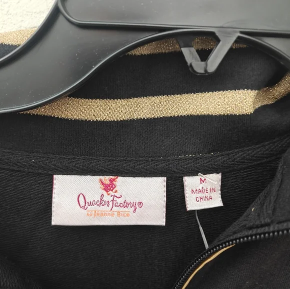 Quacker Factory Jacket French Terry Rhinestone Grommet Gold Trim Zip Up Black M - Picture 2 of 3